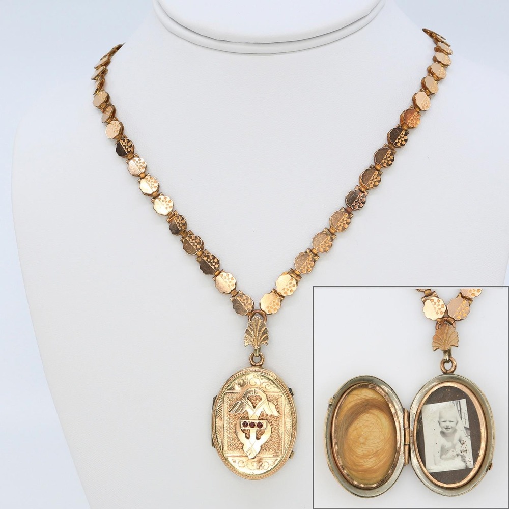 Antique Victorian Gold Filled Bookchain Hair Mourning Locket Necklace 1880s‎